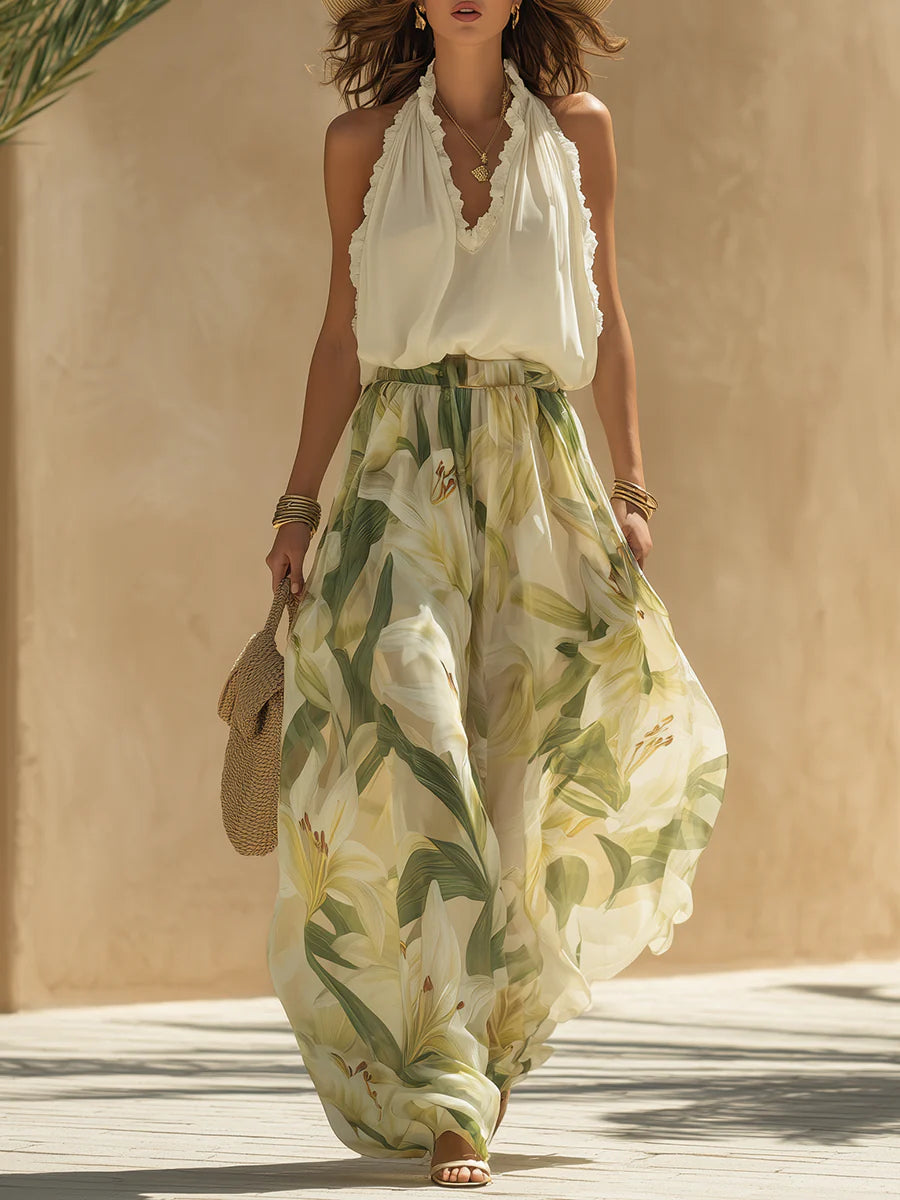 Lila | Chiffon Ruffled Top and Lily Print Pants Set