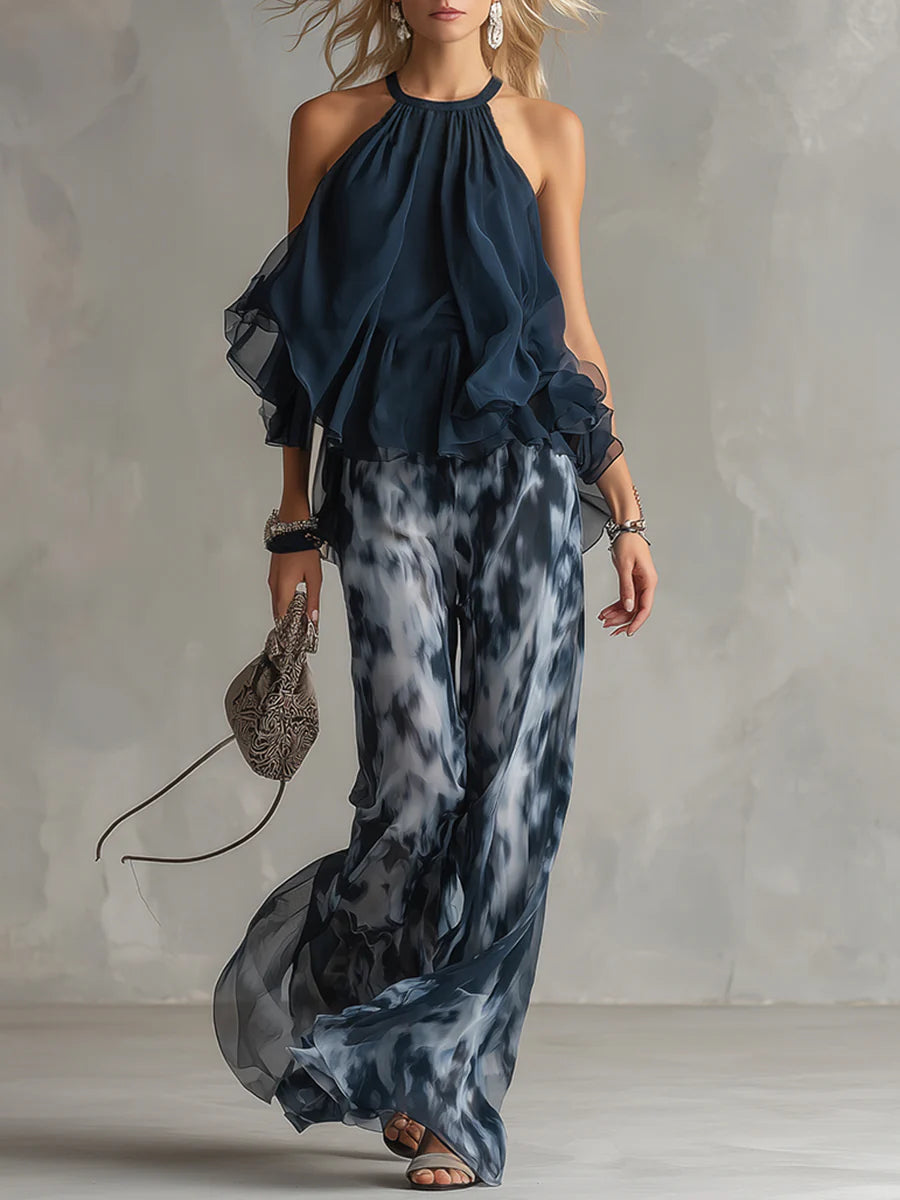 Sofia | Halter Neck Top and Printed Wide-leg Pants Set