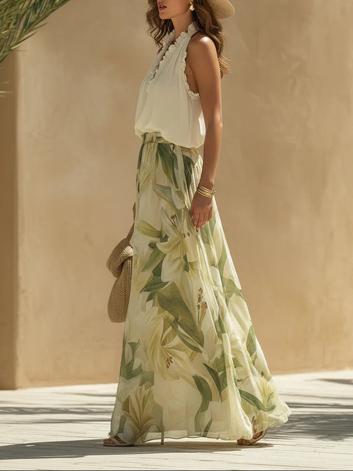 Lila | Chiffon Ruffled Top and Lily Print Pants Set