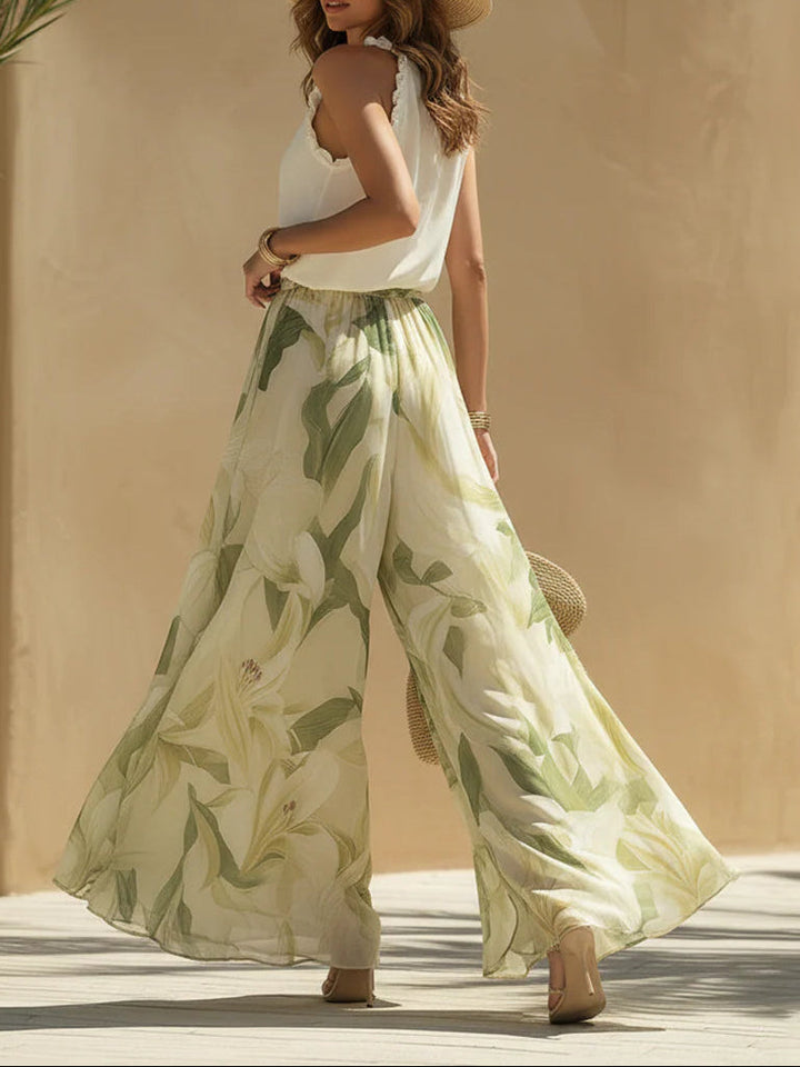 Lila | Chiffon Ruffled Top and Lily Print Pants Set