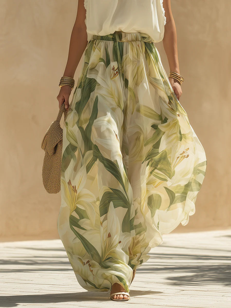 Lila | Chiffon Ruffled Top and Lily Print Pants Set