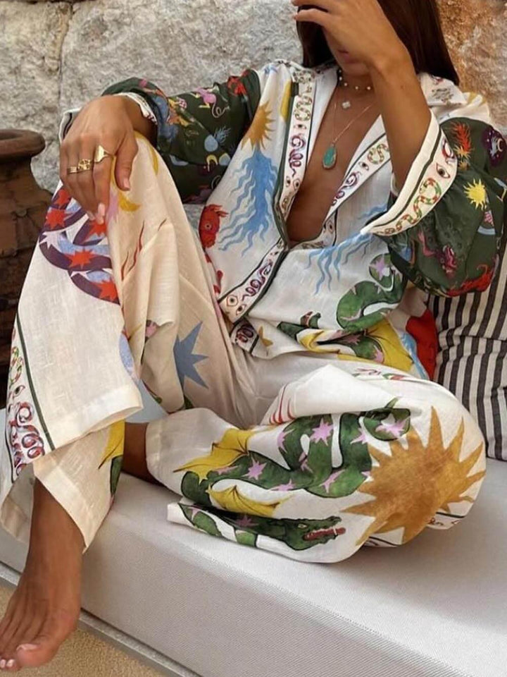 Isabella | Unique Print Long Sleeve Shirt and Elastic Waist Pants Set