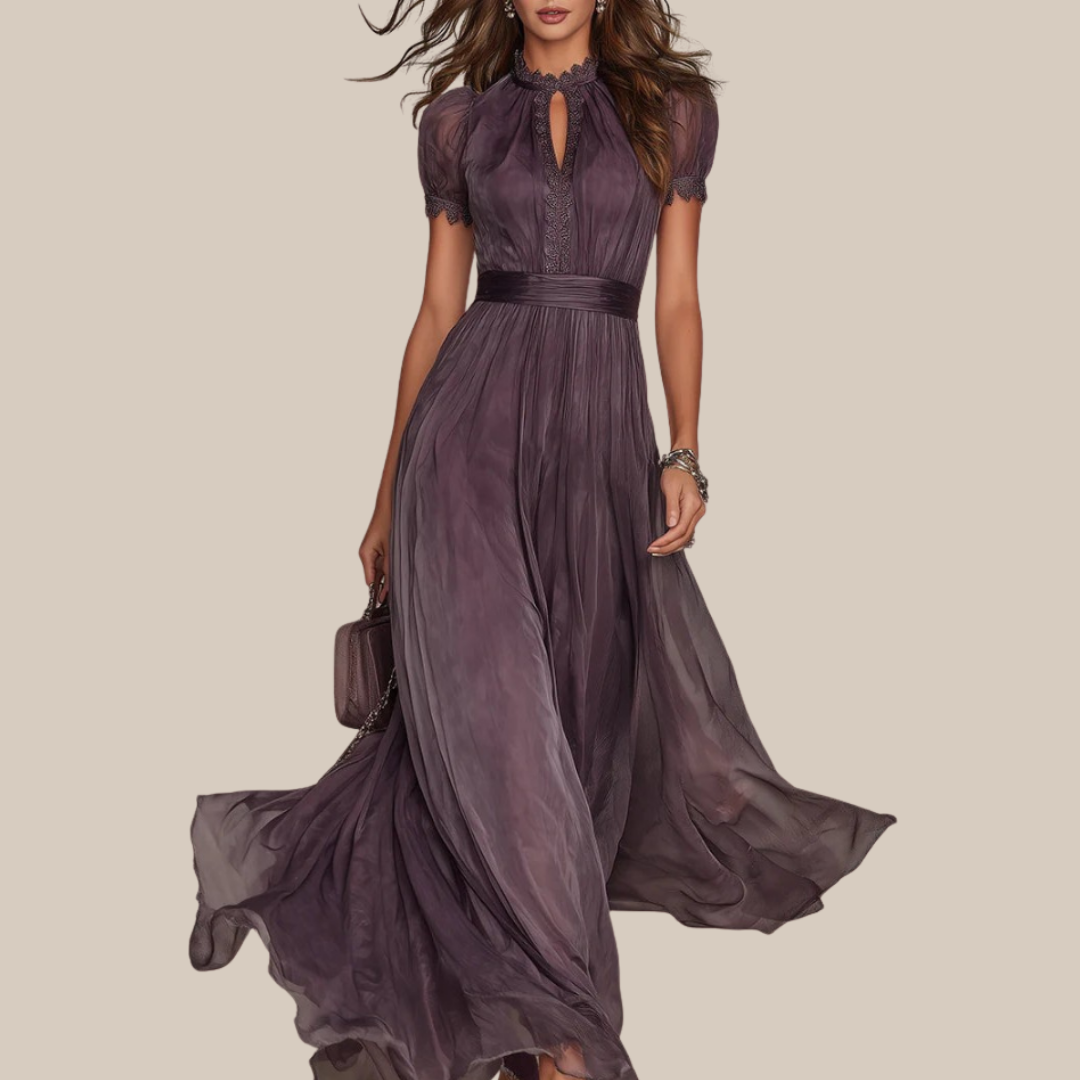 FLAVIA™ | Long Purple Dress Keyhole Neckline Chiffon Lace Trim