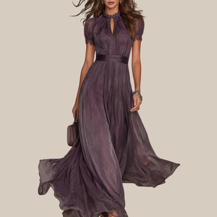 FLAVIA™ | Long Purple Dress Keyhole Neckline Chiffon Lace Trim
