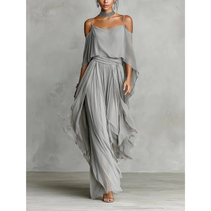 Isabela | Fluid grey set with shoulder strap top and lightweight pants