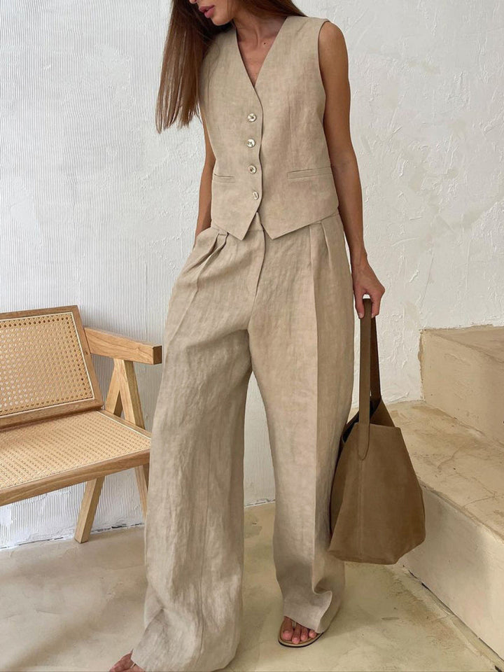 Lila | V-neck Pleated Wide-leg Pants Suit