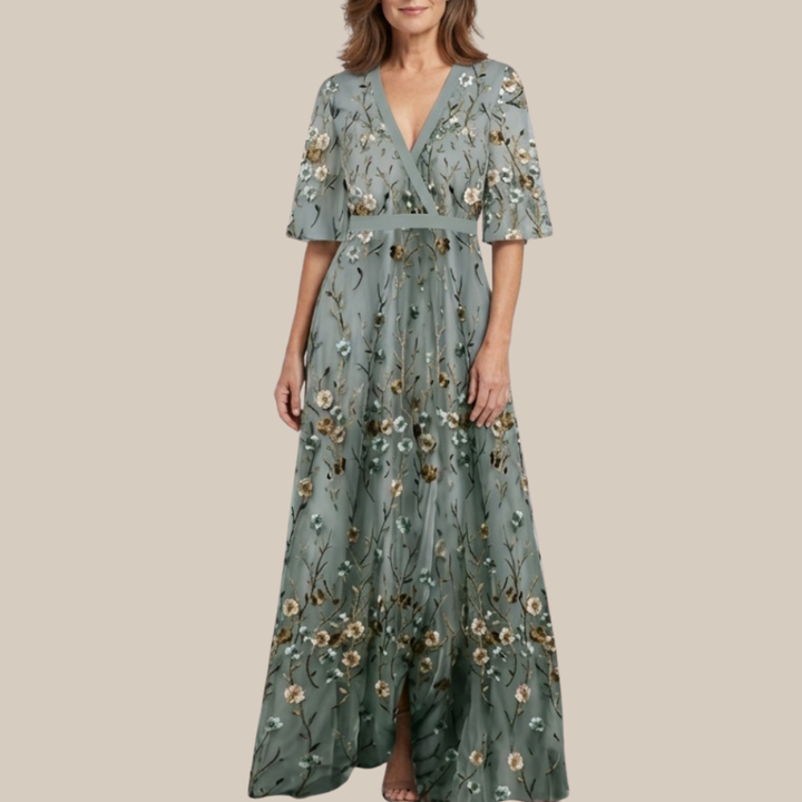 EVADNE™ | Floral V Neck Short Sleeve Maxi Dress