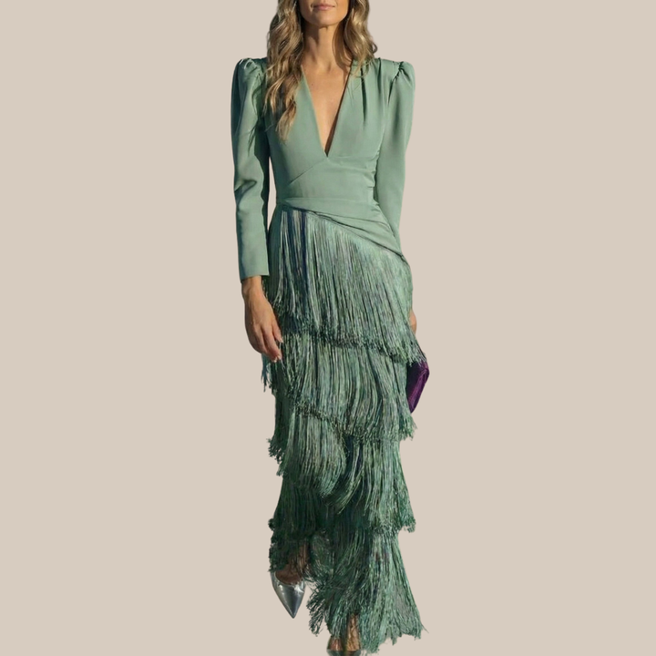 CLARA™ | Elegant midi dress with fringe sleeves