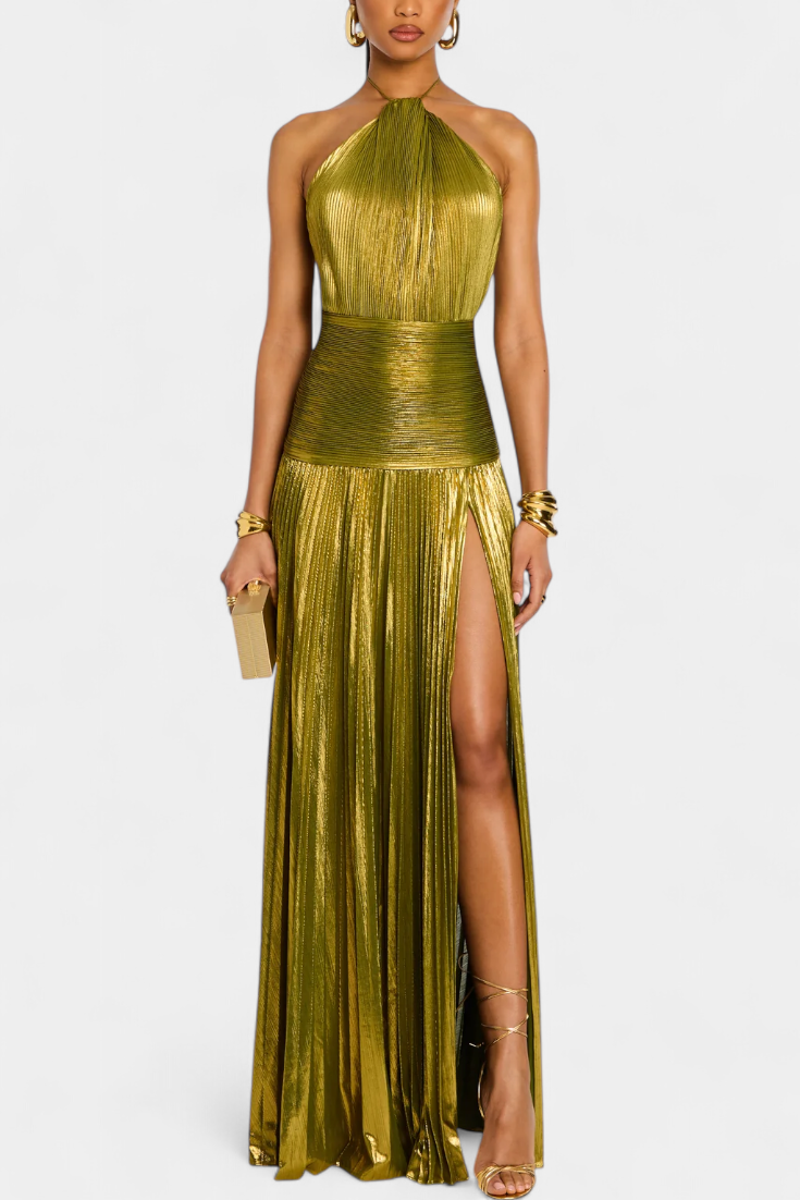 Emma | Metallic Halter Open Back Dress