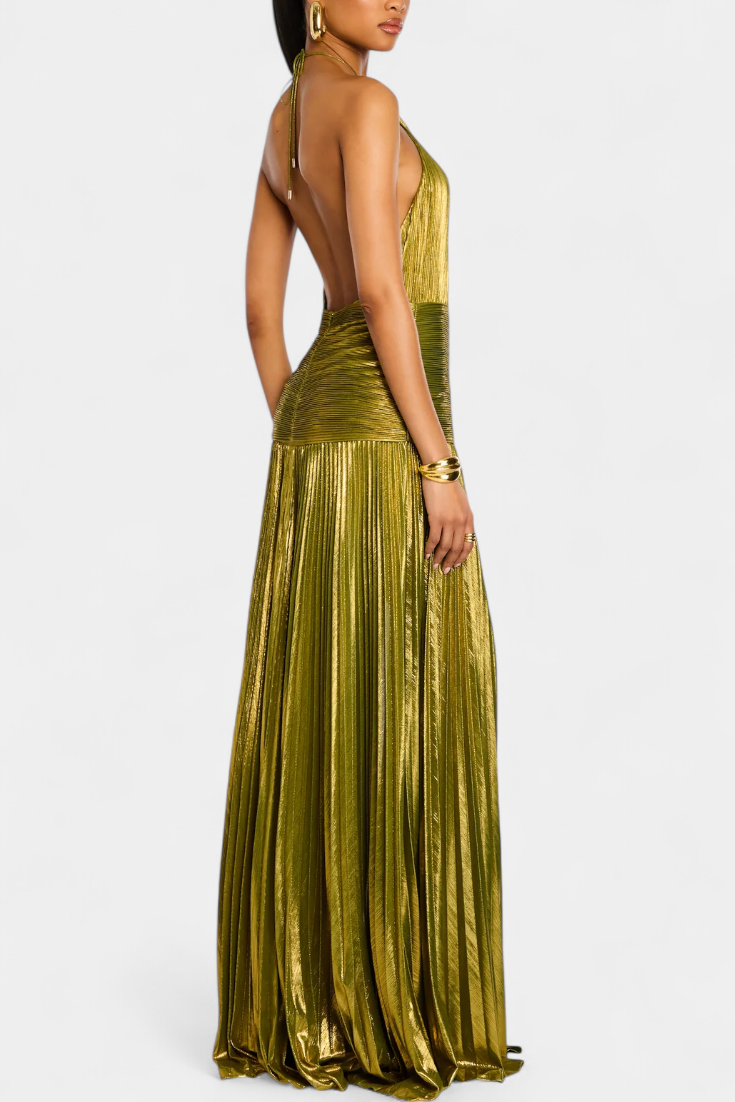 Emma | Metallic Halter Open Back Dress
