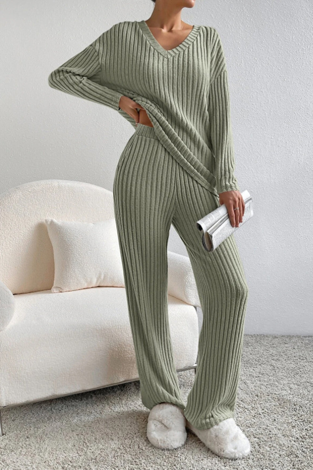 Sofia | Ribbed V-Neck Top and Pants Set