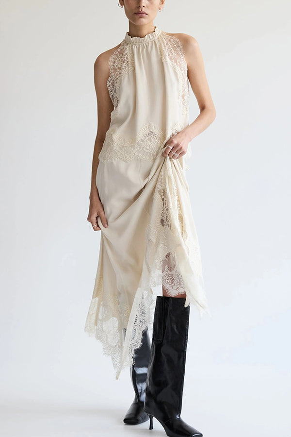 Isabella | Lace Pleated Top + Irregular Slit Skirt Set