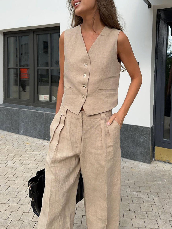 Lila | V-neck Pleated Wide-leg Pants Suit