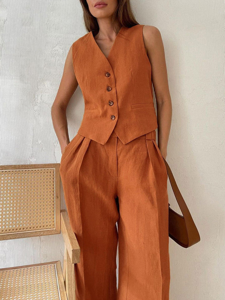 Lila | V-neck Pleated Wide-leg Pants Suit