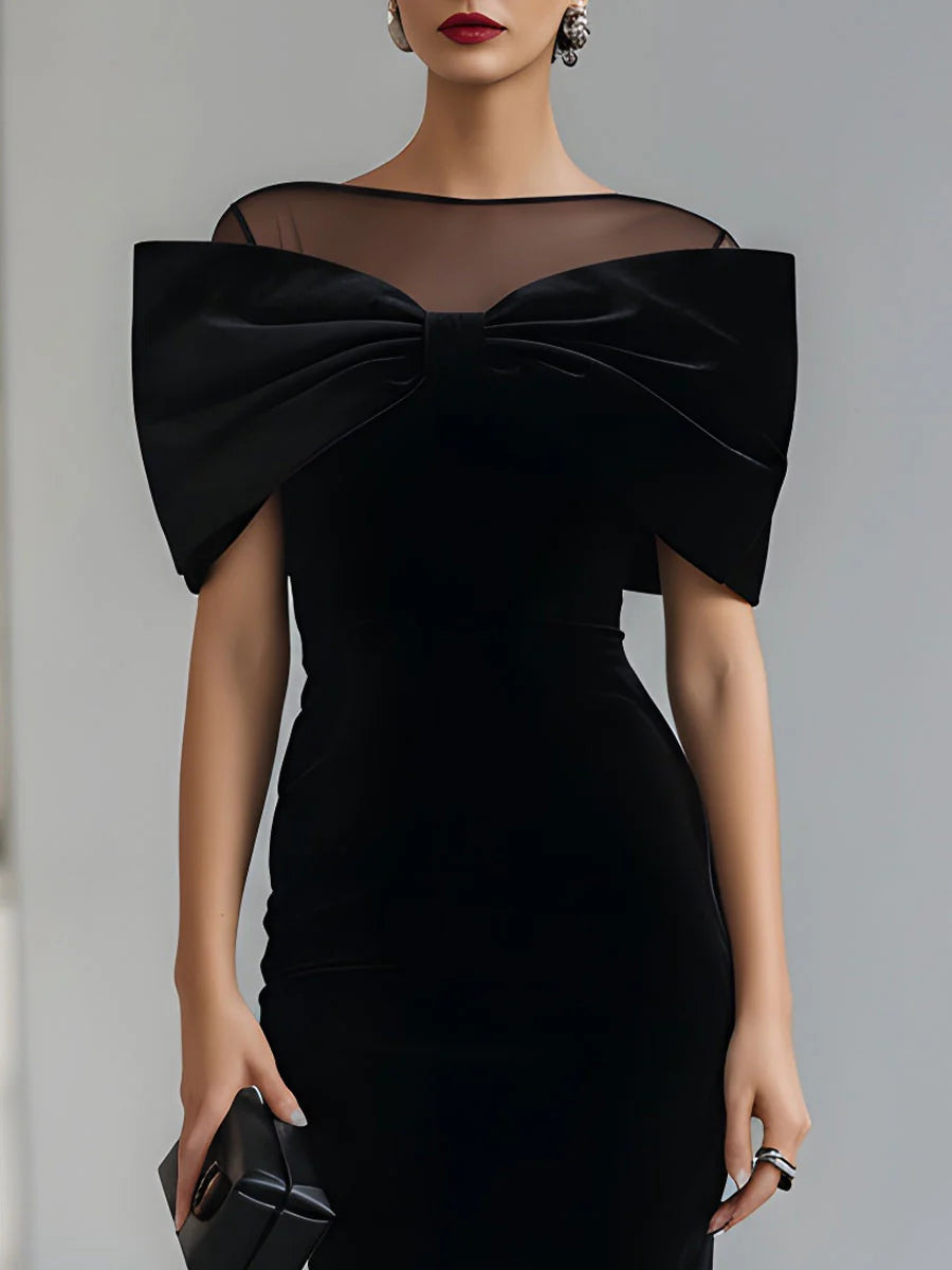 Dramatic | Black Velvet Bow Midi Dress