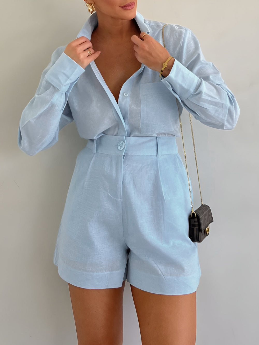 Lila | Cotton and Linen Long Sleeve Shorts Set