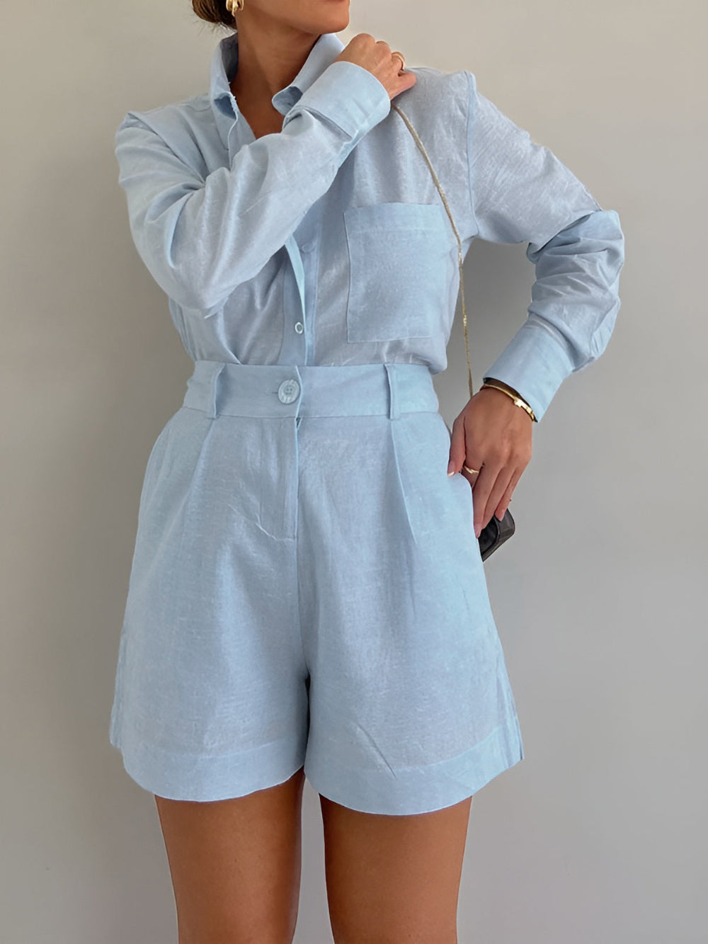Lila | Cotton and Linen Long Sleeve Shorts Set