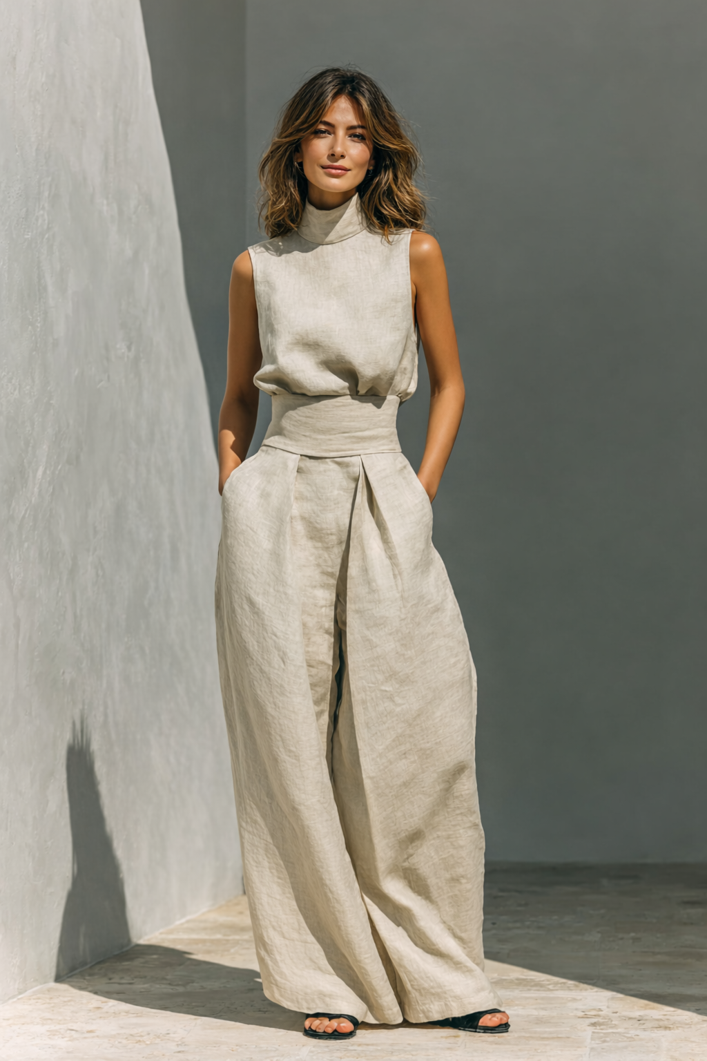 Maria | Women's minimalist set with tank top and wide cotton and linen pants