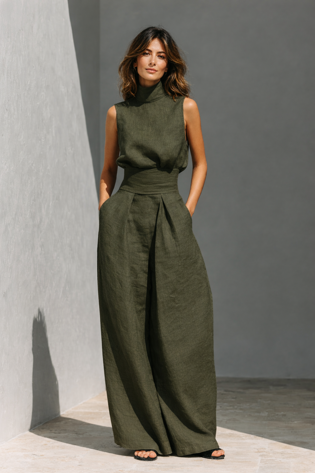 Maria | Women's minimalist set with tank top and wide cotton and linen pants