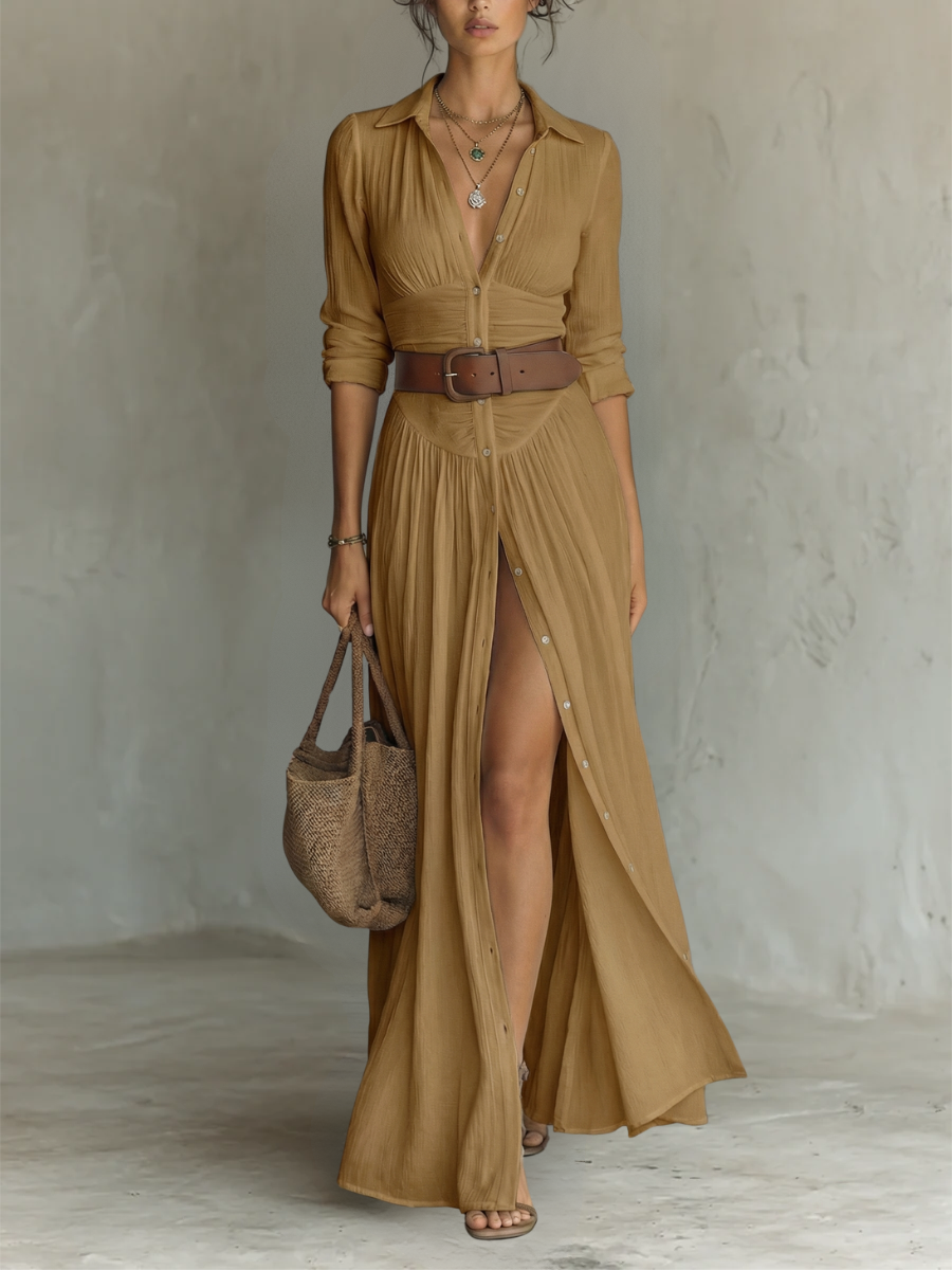 Hannah | Long Maxi Dress with Notched Collar and Long Sleeves