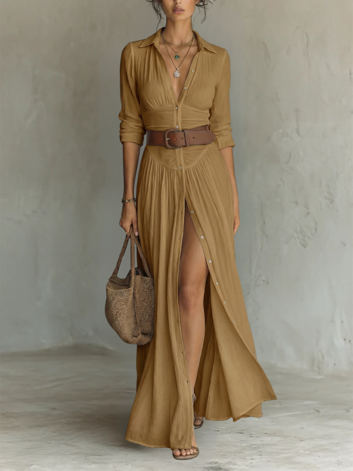 Hannah | Long Maxi Dress with Notched Collar and Long Sleeves