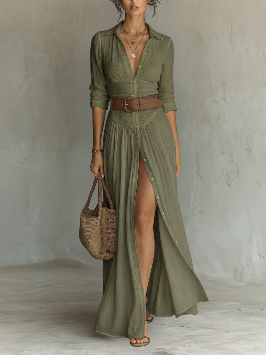 Hannah | Long Maxi Dress with Notched Collar and Long Sleeves
