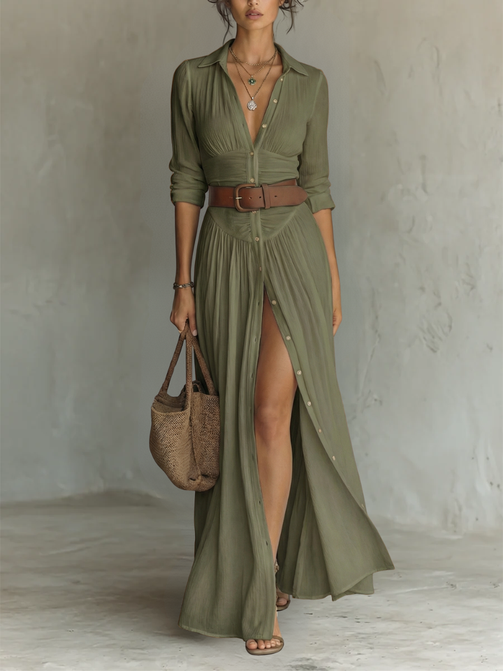 Hannah | Long Maxi Dress with Notched Collar and Long Sleeves
