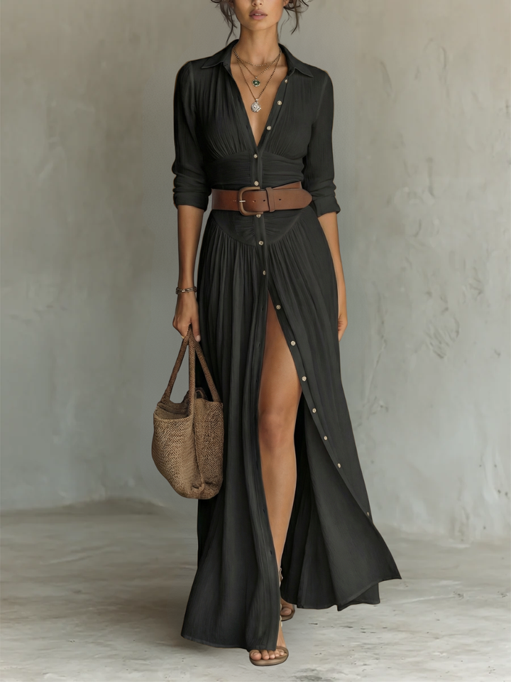 Hannah | Long Maxi Dress with Notched Collar and Long Sleeves