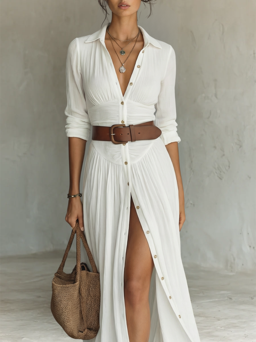 Hannah | Long Maxi Dress with Notched Collar and Long Sleeves