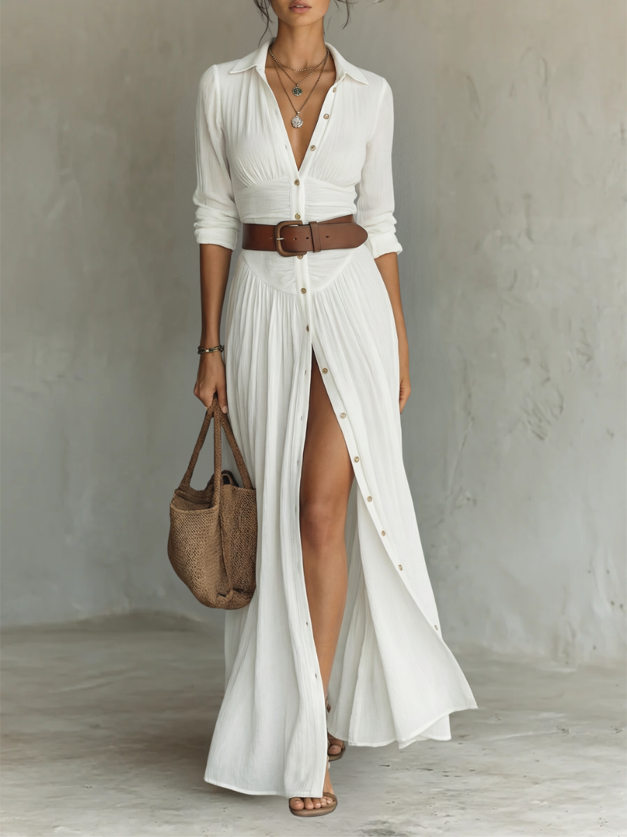 Hannah | Long Maxi Dress with Notched Collar and Long Sleeves