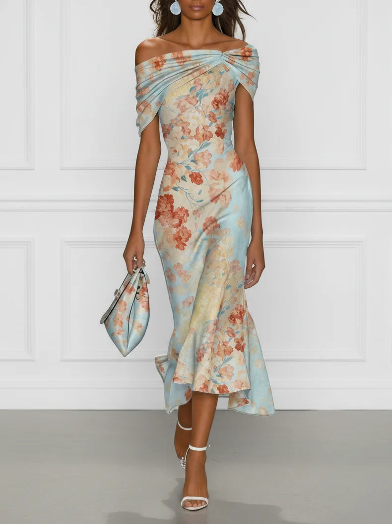 Vittoria | Midi Mermaid Dress Without Sleeves with Off-Shoulder and Blue Floral Pattern