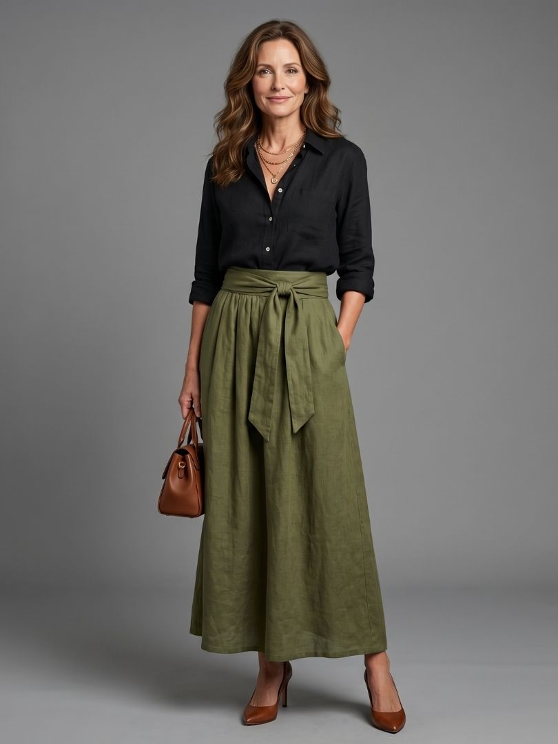 Vera | Two Piece Set Black Blouse Olive Green Midi Skirt