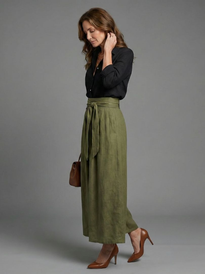 Vera | Two Piece Set Black Blouse Olive Green Midi Skirt
