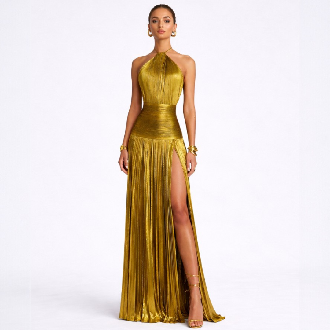 Emma | Metallic Halter Open Back Dress