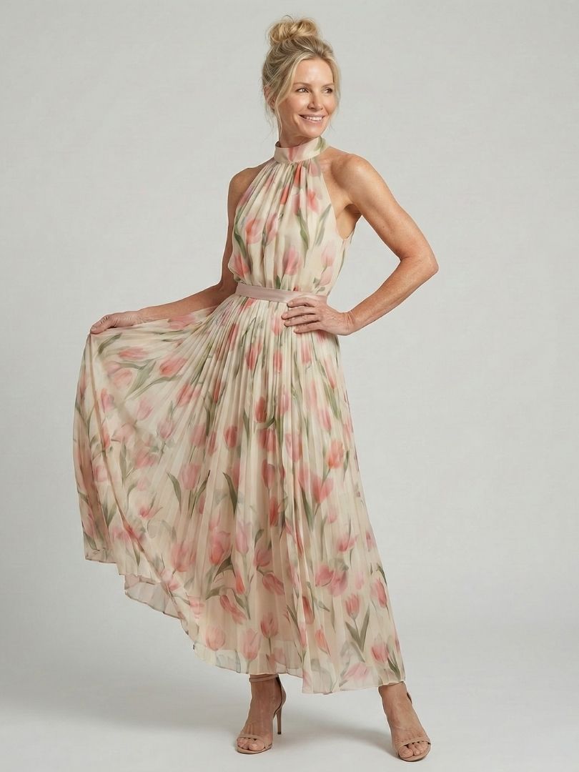 Aurelle – Floral Halter Pleated Maxi Dress