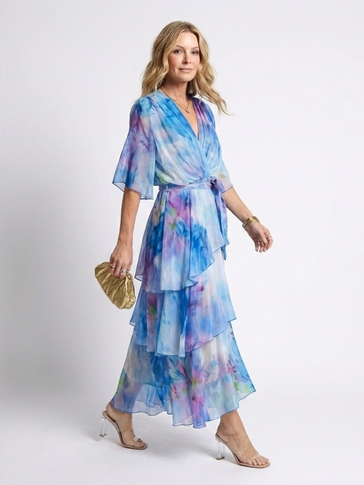 Piper | Sheer Layered V-Neck Tie Waist Short Flutter Sleeve Maxi Dress