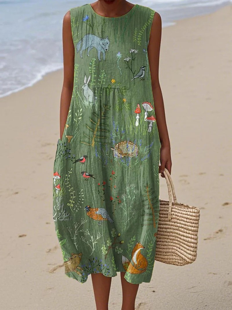 Women's | Sleeveless Pocket Wrap Dress with Vintage Woodland Animal Print