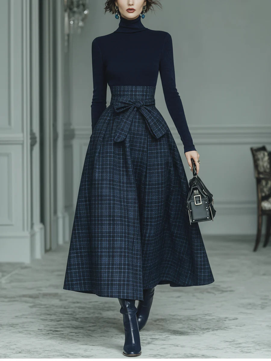 Lila | Turtleneck Stretch Top & Plaid Skirt Set