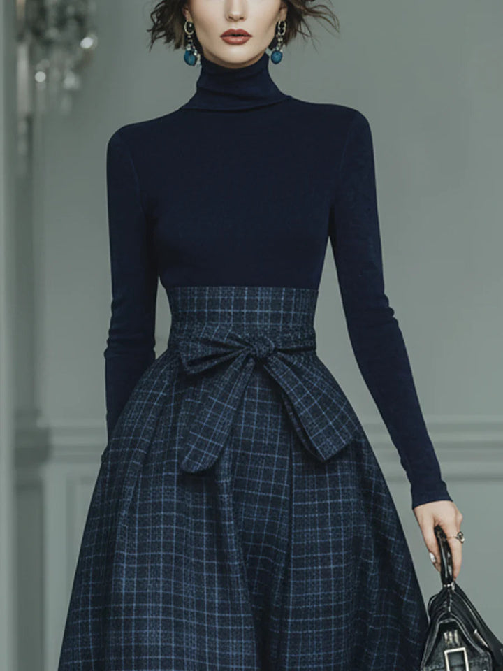 Lila | Turtleneck Stretch Top & Plaid Skirt Set