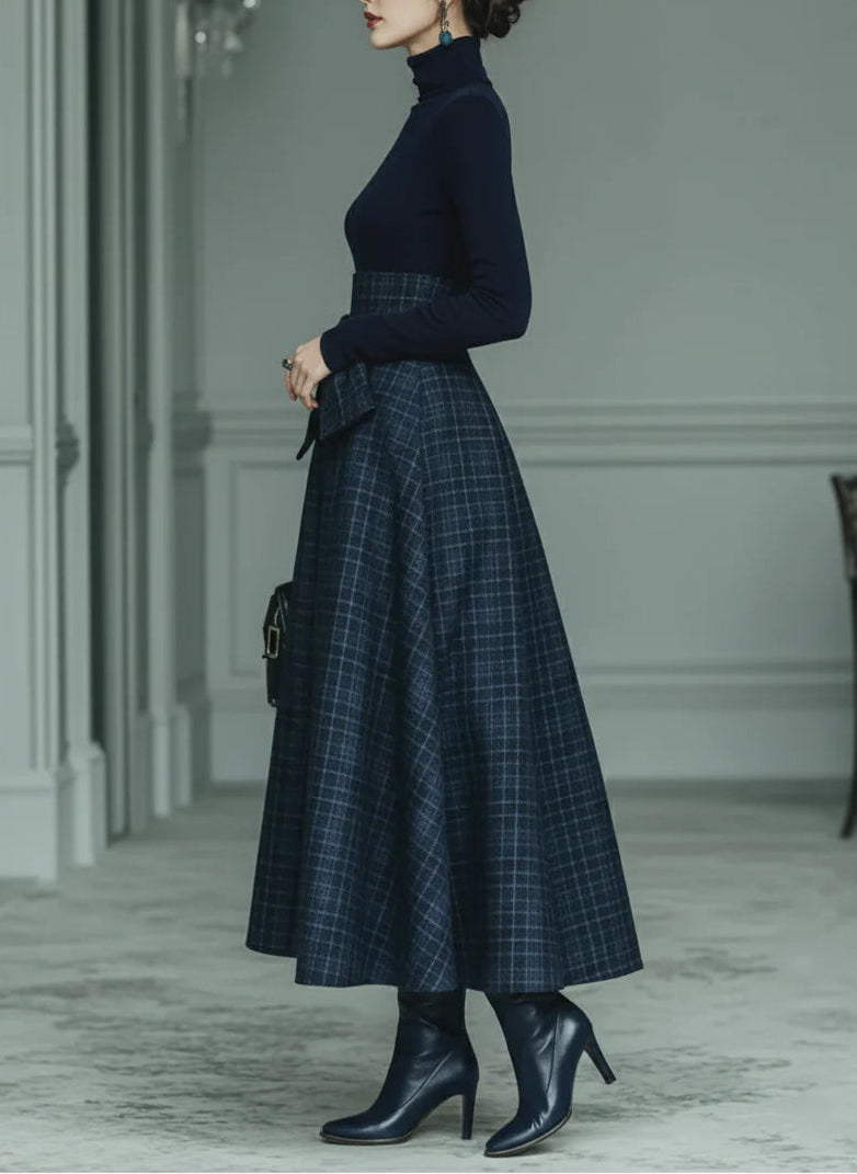 Lila | Turtleneck Stretch Top & Plaid Skirt Set