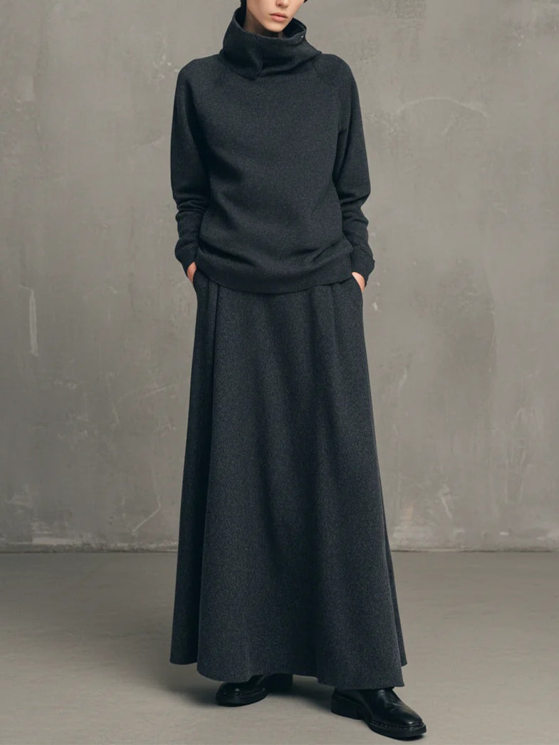 Sabrina | Charcoal Gray High-neck Top and Flared Skirt Set