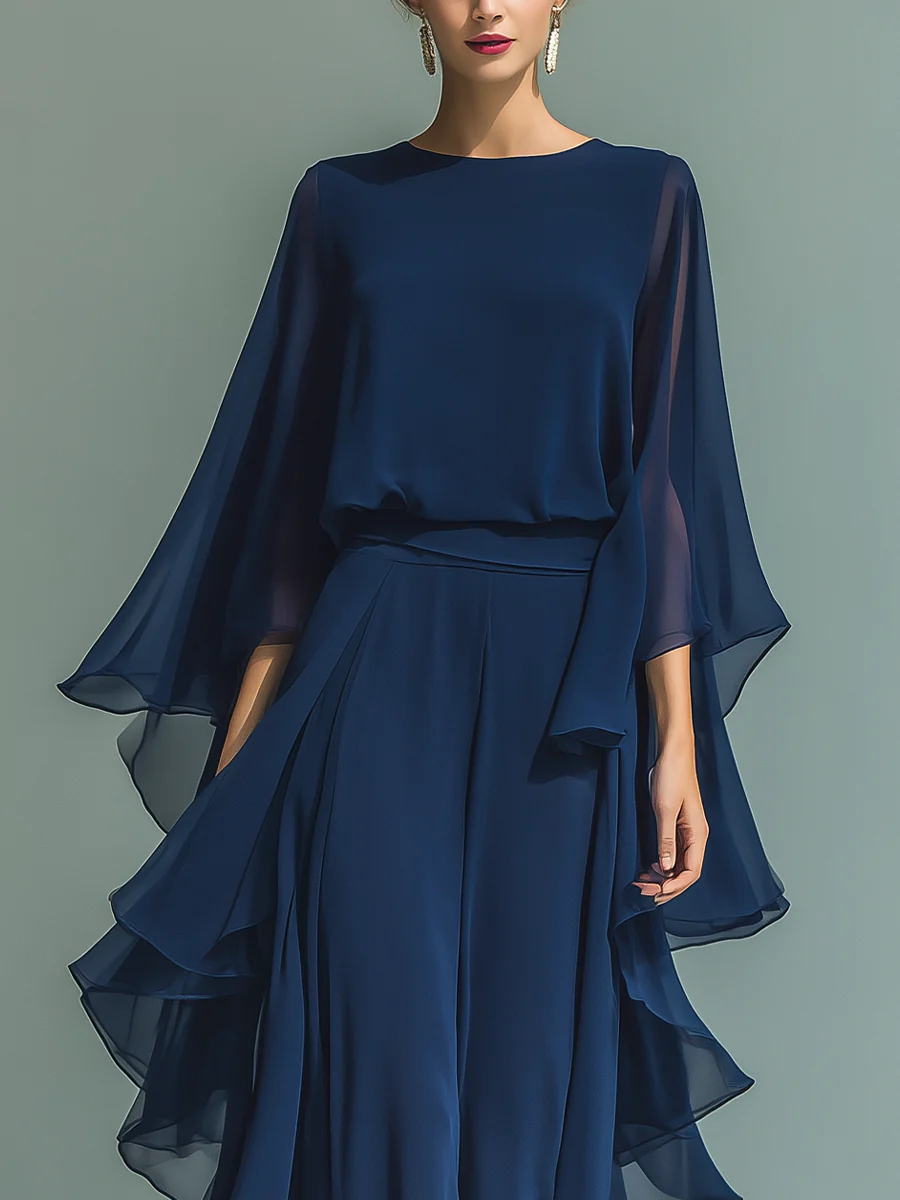 Nina | Chiffon Bell-Sleeve Top and Ruffled Pants Set
