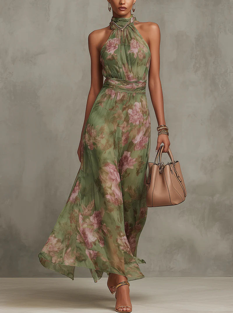 LIVIA™ | Elegant Floral Maxi Halter Dress