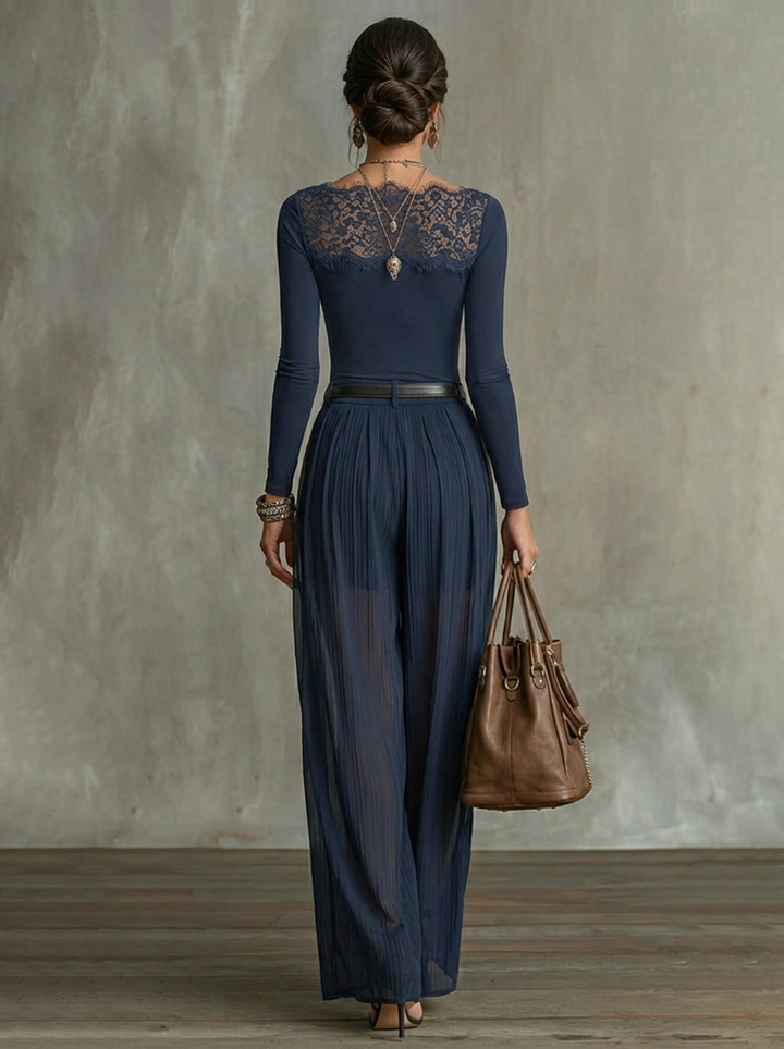 Serena | Lace-Panel Top & Sheer Wide-Leg Pants Set