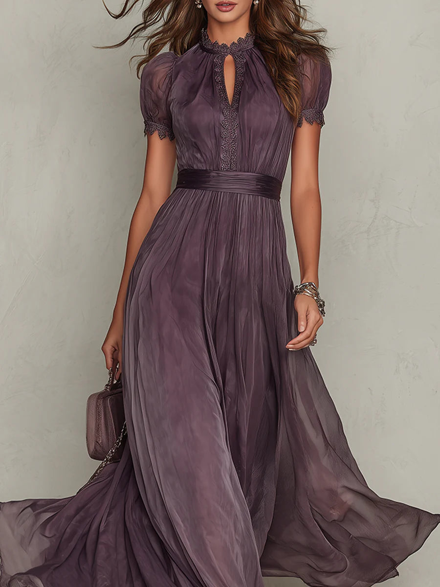 FLAVIA™ | Long Purple Dress Keyhole Neckline Chiffon Lace Trim