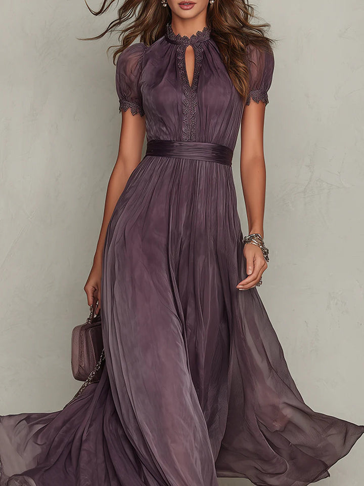 FLAVIA™ | Long Purple Dress Keyhole Neckline Chiffon Lace Trim