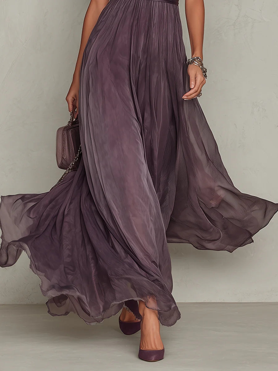FLAVIA™ | Long Purple Dress Keyhole Neckline Chiffon Lace Trim