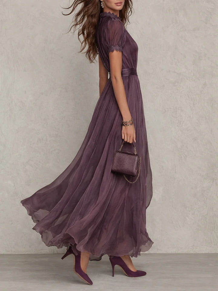 FLAVIA™ | Long Purple Dress Keyhole Neckline Chiffon Lace Trim