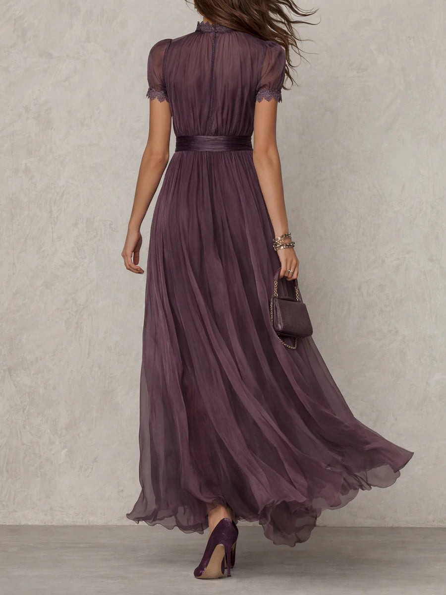 FLAVIA™ | Long Purple Dress Keyhole Neckline Chiffon Lace Trim
