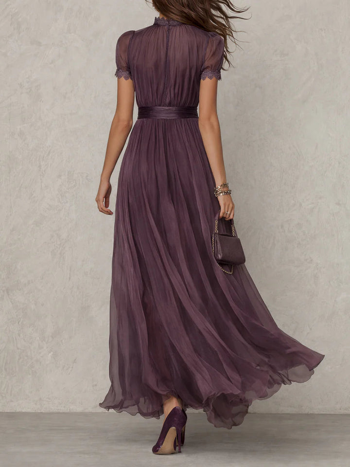 FLAVIA™ | Long Purple Dress Keyhole Neckline Chiffon Lace Trim